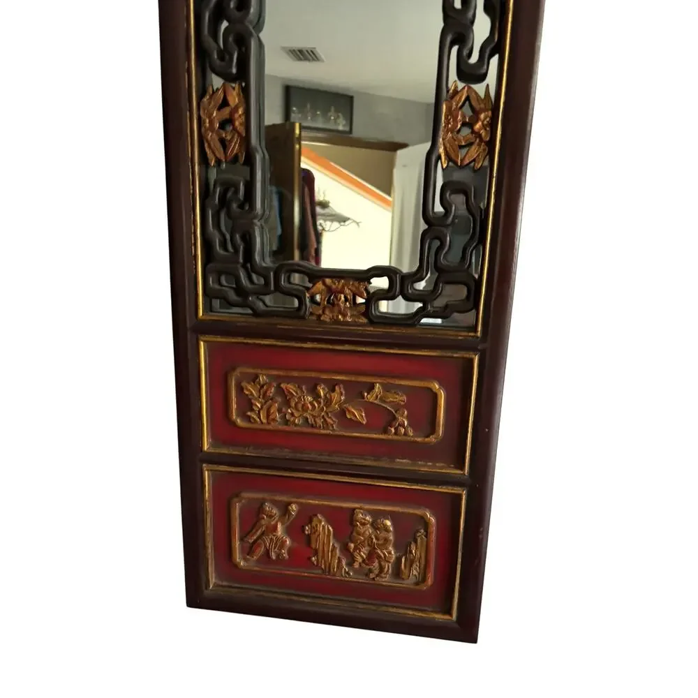 Vintage Chinese Chinoiserie Wall Panel Mirror Black Red Carved 38